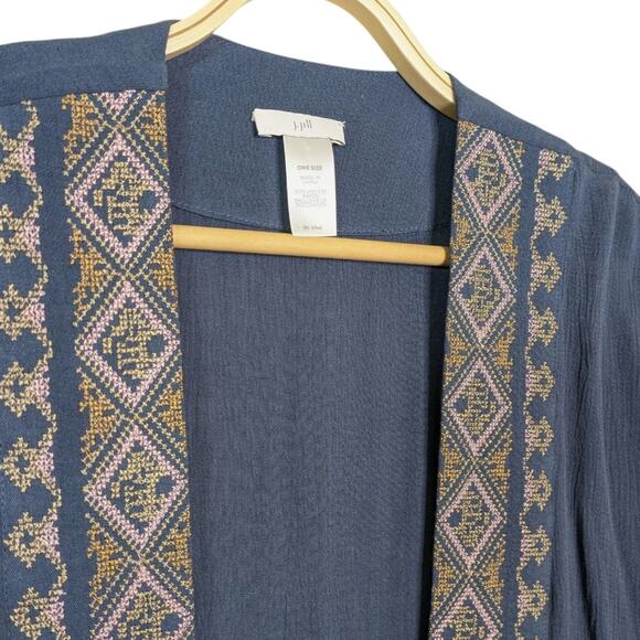 J. Jill Kimono One Size Open Front Gauze Cardigan Boho Geometric Embroidered Tri - Picture 4 of 12